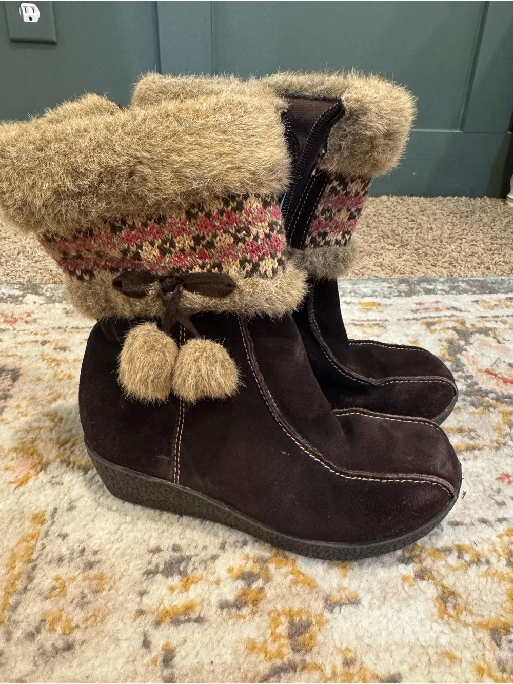 Kids Faux-Fur Trim Brown Suede Winter Boots